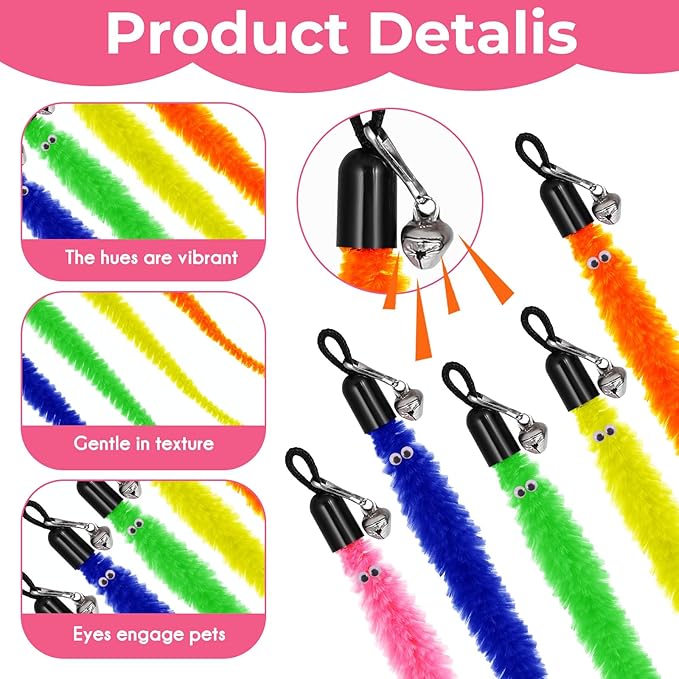 25 Pcs Cat Worm Toy Replacement Teaser with Bell, Colorful Fuzzy Worms Interactive Cat Wand Attachment Toys Cats Wand Toys for Indoor Cats Kitten Play Exercise