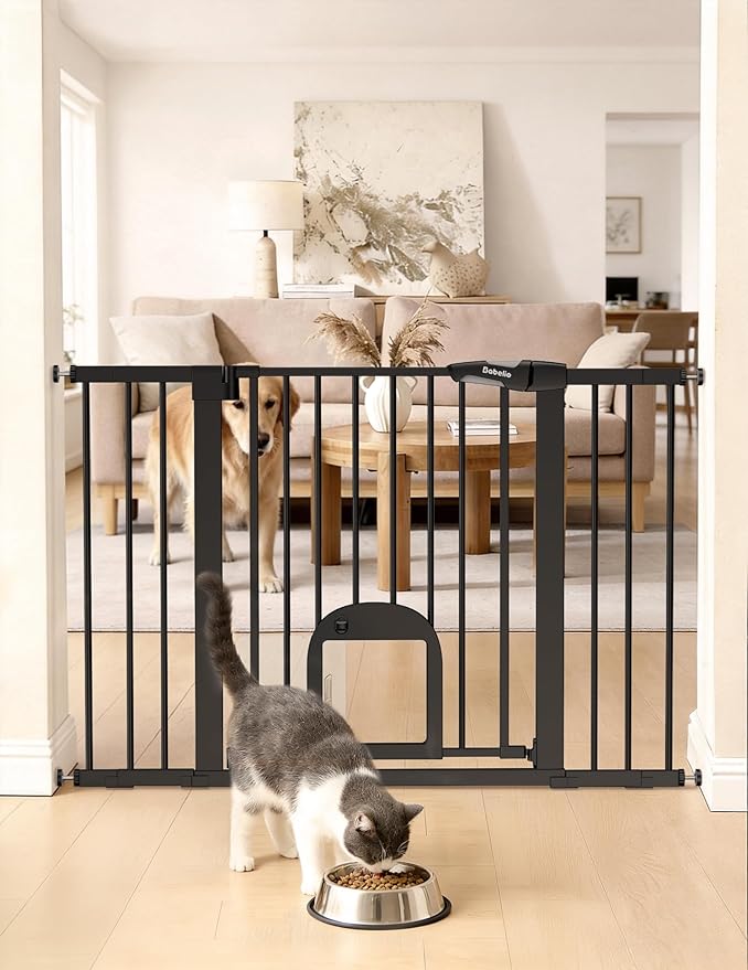 Babelio Upgraded Baby Gate with Cat Door, Auto Close Durable Dog Gate for Stairs, Doorways and House, Easy Walk Thru Safety Gate with Pet Door Includes 4 Wall Cups, 29-48" Wide, 30" Tall, Black