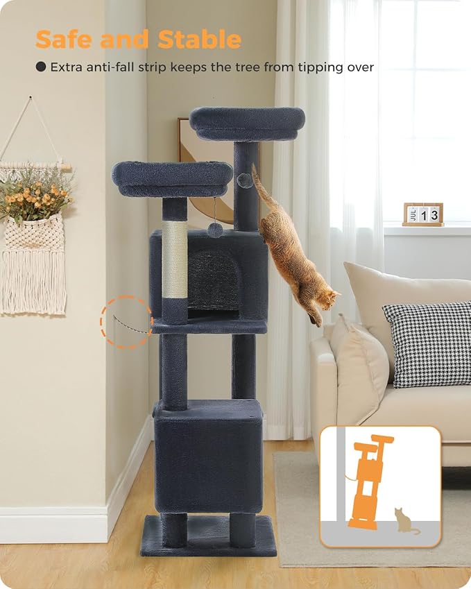 MUTTROS Cat Tree, 52.4" Multilevel Cat Tower for Indoor Cats, Plush Cat Tree House with 2 Padded Perches, 2 Condos & 2 Scratching Posts, Dark Gray