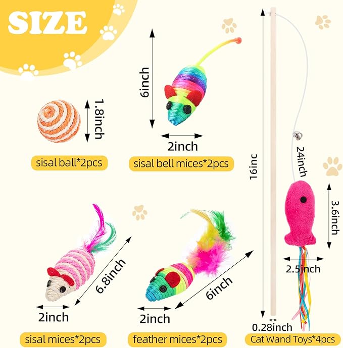 Leitee 16 Pcs Cat Interactive Toys Set Wooden Cats Teaser Wand Toy with Feather Handle Chew Rope Mouse Sisal Balls with Bells for Indoor Kitten Play Chase Exercise (Mice Toy)