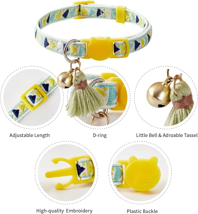 2 Pack Cat Collar Breakaway Cute Colorful Pattern for Cat Boy Girl Adjustable Length Collar with Little Bell Tassel Tribal Bohemian Pattern (2 Pack⎮Blue+Green)