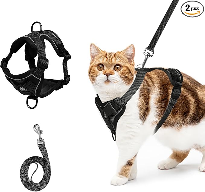 shudyear Cat Chest Harness and Leash Set Adjustable Anti-Escape Soft Mesh Cat Vest for Walking Outdoor (Blcak, L)