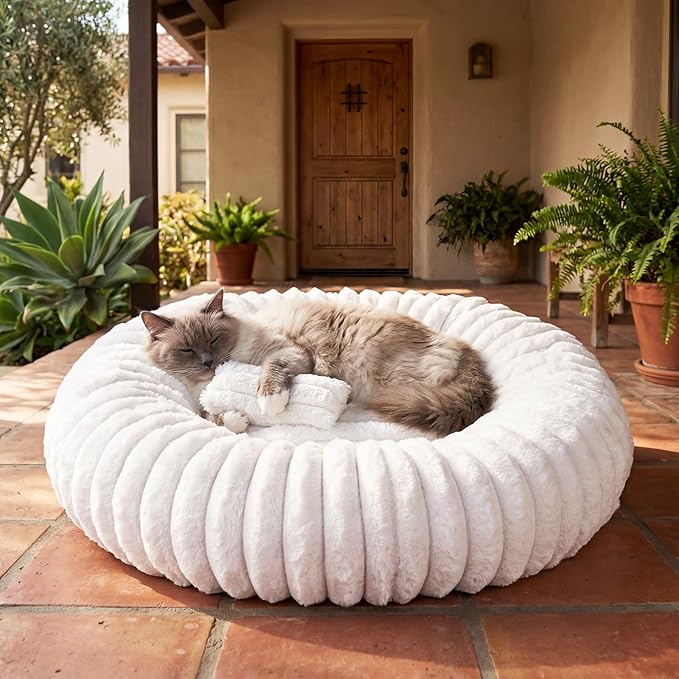 Self Warming Cat Bed, Donut Pet Bed for Indoor Cats and Small Dogs, Self-Heating Dog Bed with Non-Slip Bottom, Winter Comfort Dog Beds for Puppies, Washable & Portable Egg Tart Shape (S)