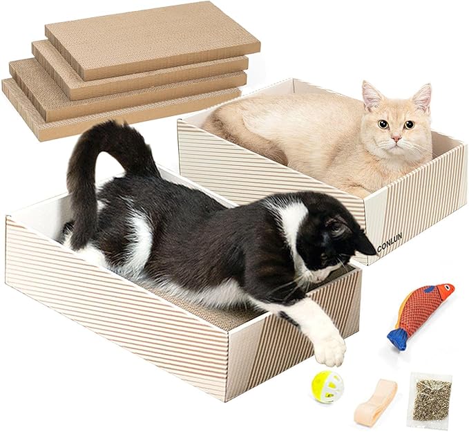 Conlun Cat Scratcher Box with 4 Scratching Pads&2 Separate Cardboard Boxes,2-in-1 Cardboard Cat Scratch for Multiple Kitten Interactive Play,Gradient(Ball & Fish Catnip Toy Included)