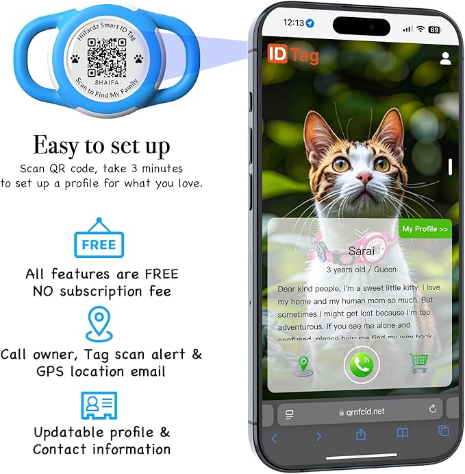 Cat Collar with Airtag Holder & QR Code Tag, Reflective Breakaway Kitten Collar with Quick Release Buckle, Adjustable Nylon Safety Collar for Indoor Outdoor Cats (Blue)