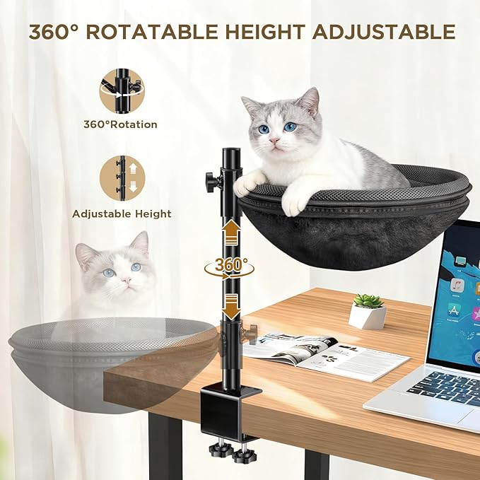 Cat Desk Bed, Cat Hammock with 360° Rotating & Height Adjustable, Removable Dual-Sided Breathable & Comfortable Kitten Bed, Cats Furniture Attachment for Indoor Office Desk (Black)