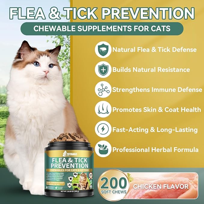 Natural Flea Treatment for Cats Chewables, 200 Soft Treats Flea and Tick Prevention for Cats, Oral Flea Supplement for Kitten Cat, Cat Flea and Tick Treatment, Skin & Coat Support - All Breeds & Ages