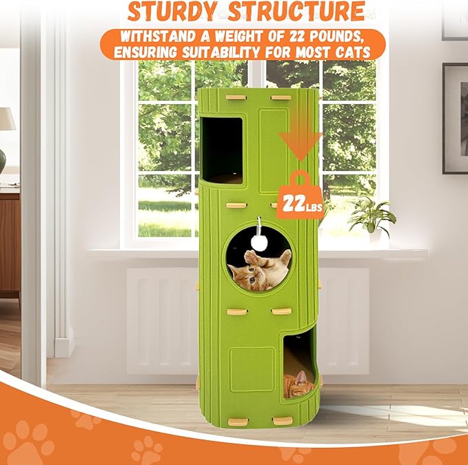 Homegroove Cat House for Indoor Cats, 3-Storey Cozy Felt Cat Bed Cave with Tunnel Hideaway, Large Multi-Cat Condo for Rest & Play (Green, X Large)