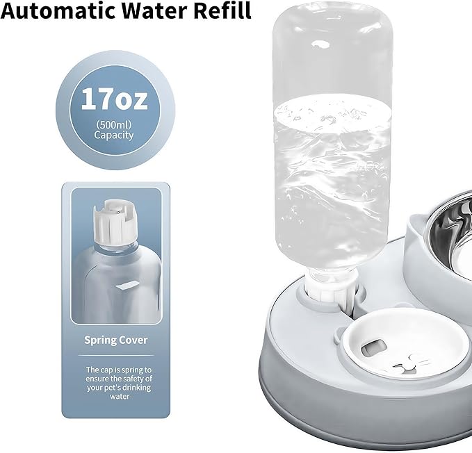 Marchul 3 in 1 Cat Bowl, Cat Food and Water Bowl Set with Water Dispenser and Stainless Steel Bowls, 15° Tilted Pet Raised Three Bowls for Indoor Cats, Small or Medium Sized Dogs,Gray