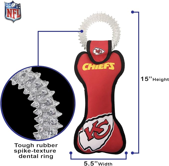 Pets First NFL Kansas City Chiefs Dental Dog TUG Toy with Squeaker. Tough PET Toy for Healthy Fun, Teething & Cleaning Pet's Teeth & Gum., Team Color, one Size (KCC-3310)