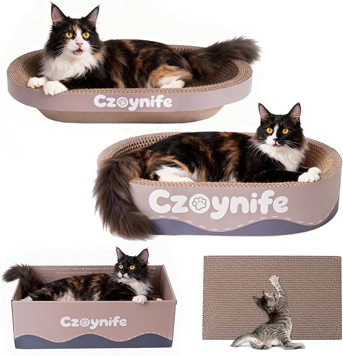 3PCS Cat Scratcher Bed, Oval Cat Scratcher Pad Bowl Nest for Indoor Cats, Round Cat Scratching Cardboard, Furniture Protector for Couch, for Kittens (Coffee, 15.7 * 10 in)
