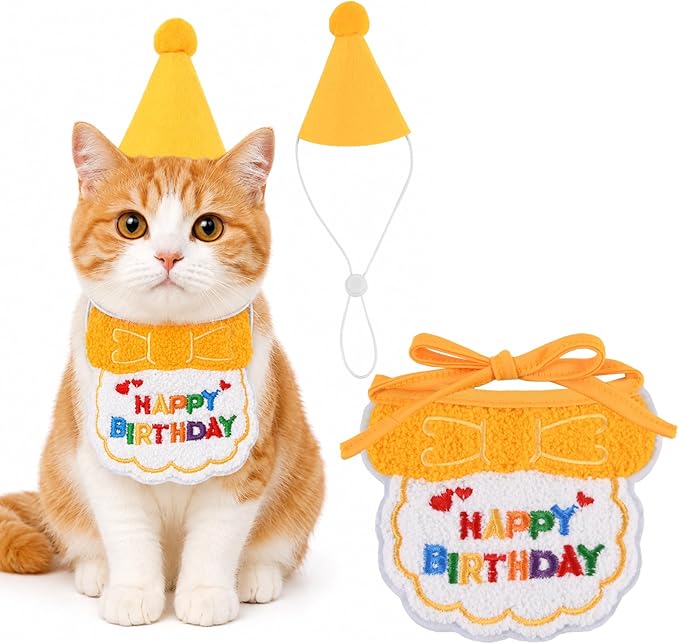 Cat Birthday Hat & Bandana Set – Birthday Decorations for Small Dogs and Cats, Cute Party Hat & Bib Costume for Cat Birthday Party or Puppy Celebrations (Yellow)