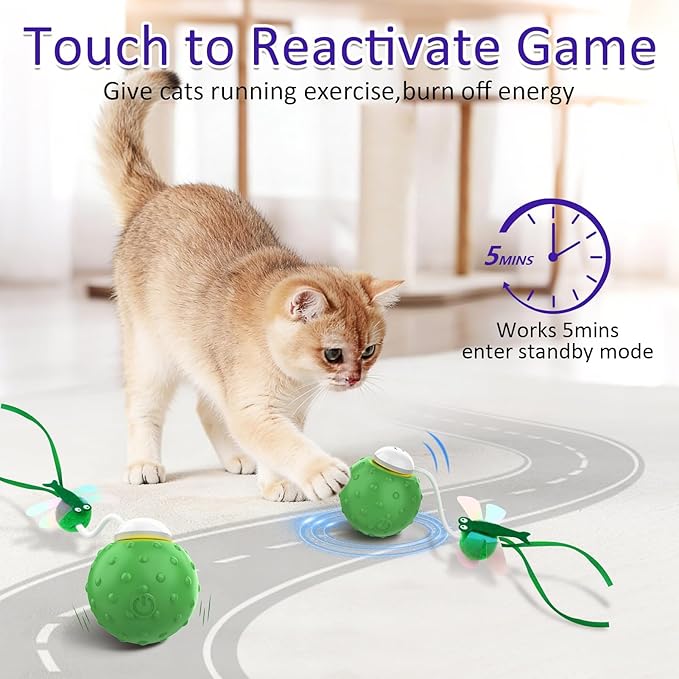 Waaiio Interactive Cat Ball Toy, Fast Moving Cat Toys for Indoor Cats-with Dragonfly & Feather Tails,Automatic Motion Activated, Realistic Squeak Sound for Exercise Stimulation (Green)
