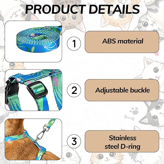Cat Harness and Leash Set, 3-in-1 Adjustable & Lightweight, Escape Proof Cat Harness, Walking Travel Kitten Harness for Small Medium Large Cats (Hawaii Green)
