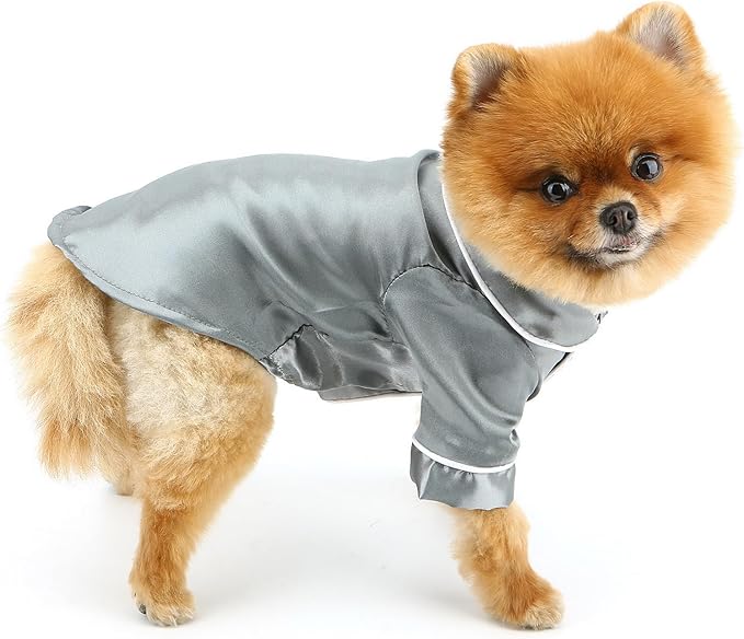 PAIDEFUL Soft Faux Silk Sleepwear for Small Dogs Cats Lapel Doggie Loungewear Lightweight Breathable Puppy Pajamas PJS Two-Legged Pet Shirt Clothes Summer Spring Chihuahua Apparel Button Up,Gray,5XL