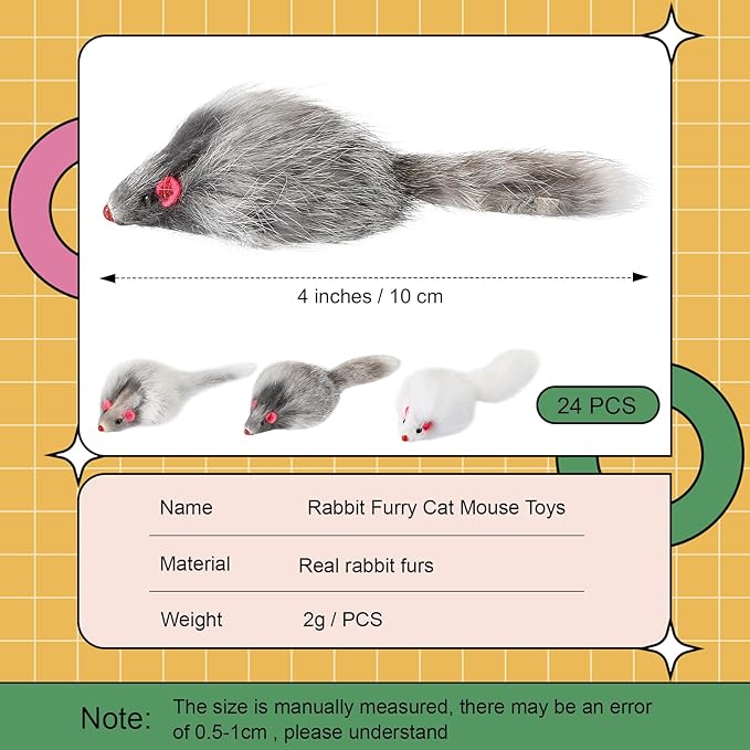 Hungdao 12 Pcs Furry Mice Interactive Catch Play Rabbit Fur Mouse Rattle Sound Rat Plush for PET Cats and Kittens, 3 Colors (White,Black,Gray)