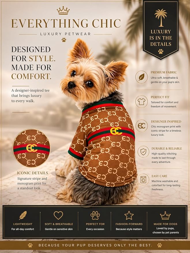 Luxury Designer Dog T Shirt – Trendy Puppy Clothes for Small Dogs, Fashion Pet Tee for French Bulldogs & Chihuahuas, Everything Chic Dog Apparel (GucchewiTee, Small)