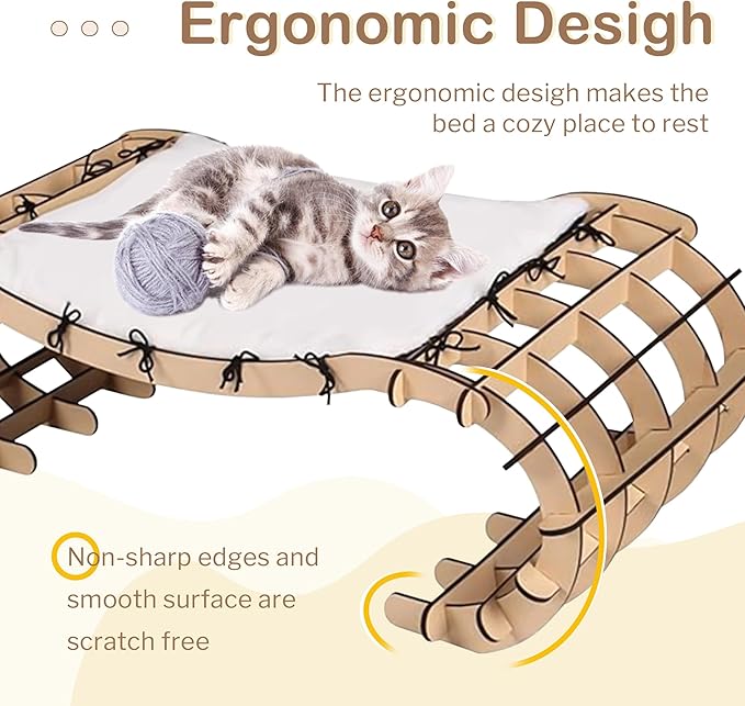 Jerry & Maggie Cat Hammock Bed for Cat Lounger, Wood Cat Beds for Indoor Cats, Cute Kitty House Furniture Toy with Soft Cozy Washable Removable Seat for Sleeping Playing and Lounging