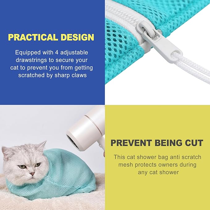Adjustable Cat Bathing Grooming Bag, Anti-Scratch Breathable Mesh Cat Restraint Wash Bag for Shower, Nail Trimming, Ear Cleaning, Pet Cat Grooming Supplies