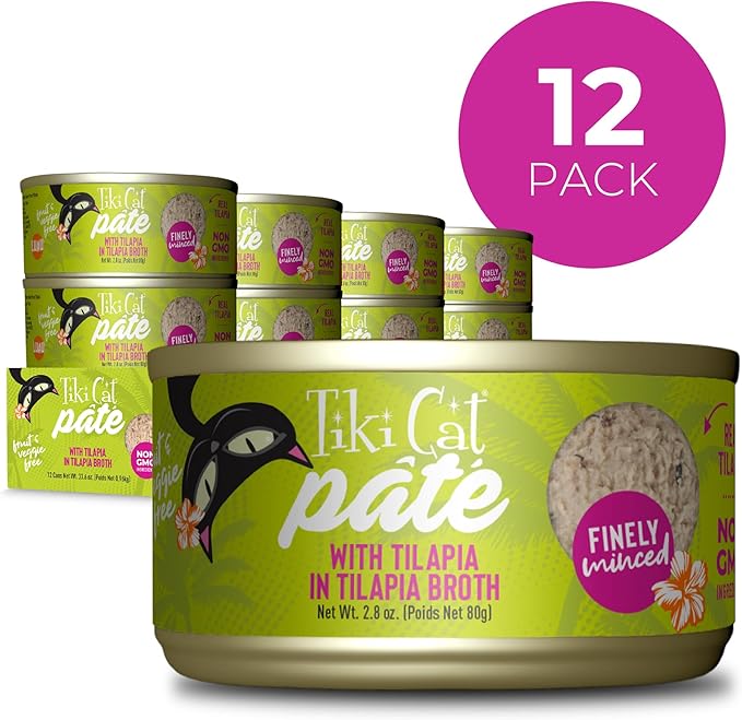 Tiki Cat Luau Pate, Tilapia Recipe in Tilapia Consumme, Grain-Free Balanced Nutrition Wet Canned Cat Food, for All Life Stages, 2.8 oz. Can (12 Count)