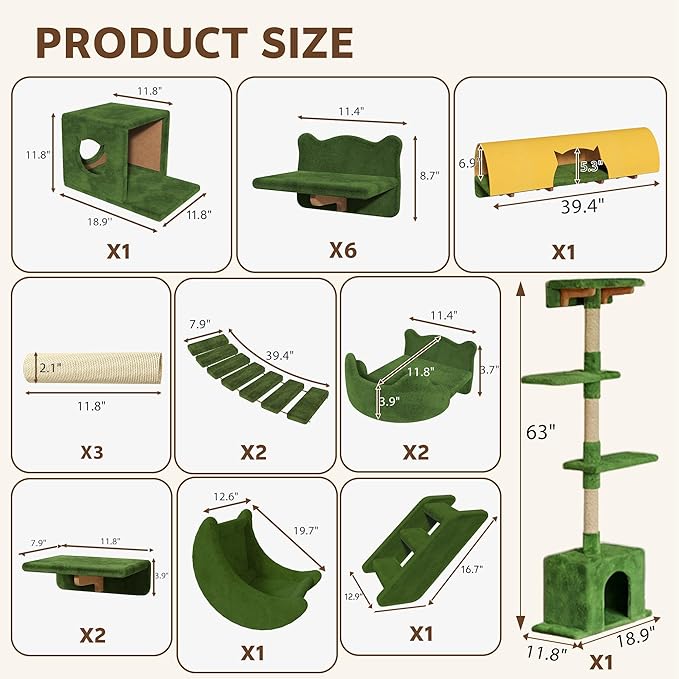 Cat Wall Shelves, Wall Mounted Pet Shelf Furniture w/Plush Fabric(26 Piece Set), 63''H Cat Tower w/Scratching Posts, Cats Furniture with 40''L Tunnel, Condos, House, Steps and Ladder, Green