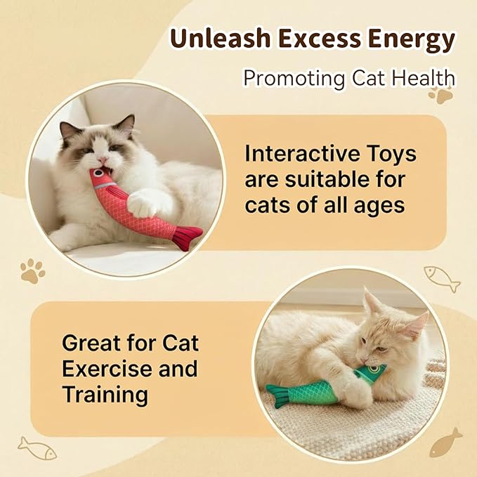 Cat Toys with 5000mg A+Natural Catnip & Bell, Interactive Soft Chew Kicker Cat Toys for Indoor Cats & Kittens, [Crinkle &Bell] Fish Sound Toy, 2 Pack Fish Cat Toys Red Green