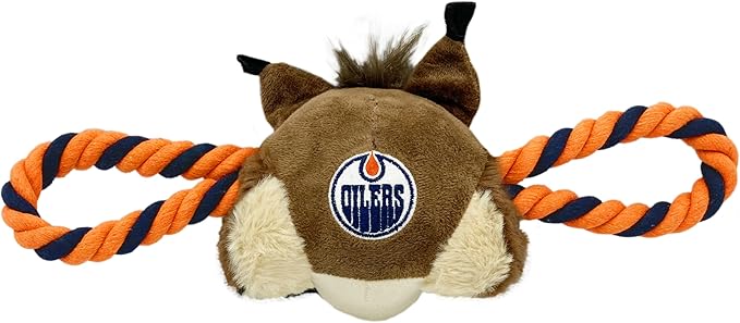 Pets First NHL Edmonton Oilers Mascot Toy for Dogs & Cats. Cute & Entertaining Face with Heavy-Duty Ropes. 7" Chewy Cartoon Toy with Inner Squeaker