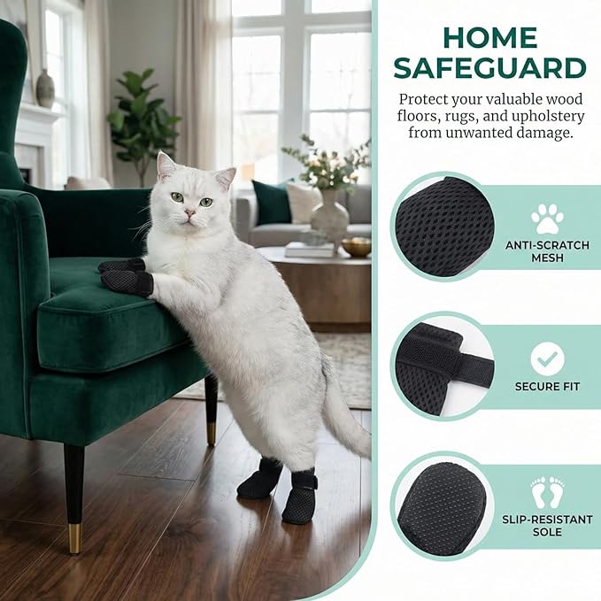 8 Pcs Cat Mittens to Prevent Scratching, Adjustable Shoes for Cats Paw Covers Booties Socks Paws Anti Scratch Non-Slip Mesh Breathable for Pet Kitten Bathing Feeding Cutting Nail Trimming(Gray+Black)