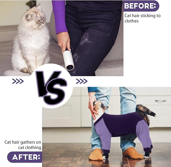 QBLEEV Sticky Hair Cat Clothes, Soft Cat Pajamas for Cats Only, Prevent Lost Fur Kitten Sweater Onesie, Stretchy Recovery Suit for Female Male Cats After Surgery Daily Wear, Purple, XS