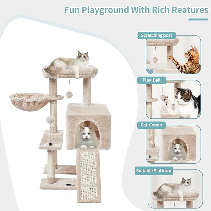 Beige Cute Cat Tree Tower for Indoor Cats Condo with Sisal Scratching Posts Jump Platform Furniture Activity Center Play House Bed