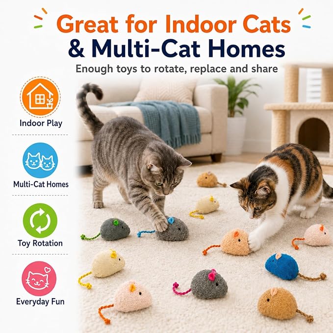 20-Pack Catnip Mouse Toys - Assorted Colors, Plush Mice with Catnip, Interactive Cat Toys for Indoor Kittens & Adults, Durable Cat Teaser Set