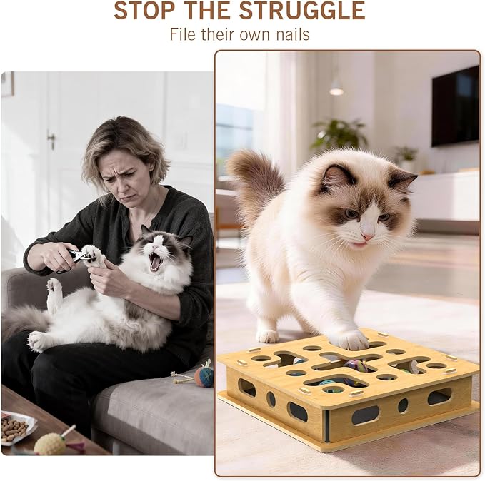 EIODEAR Cat Nail File Scratcher Box with 5 Sandpaper Pads & 4 Bell Balls, Sturdy Wood Cat Nail Scratcher to File Nails, Cat Toy Filer Toy for Treat-Motivated Cats, Included Silicone Security Rings