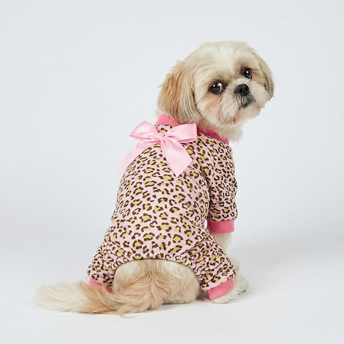 Fitwarm Leopard Dog Pajamas, Fleece Dog Clothes for Small Dogs Girl with Legs, Pet Onesie, Cat Outfit, Pink, Medium