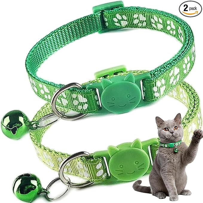 Green Cat Collars with Bells, 2 Pack Break Away Cat Collar with Bells, Kitten Collar Breakaway for Boy Pet Cats Kitty