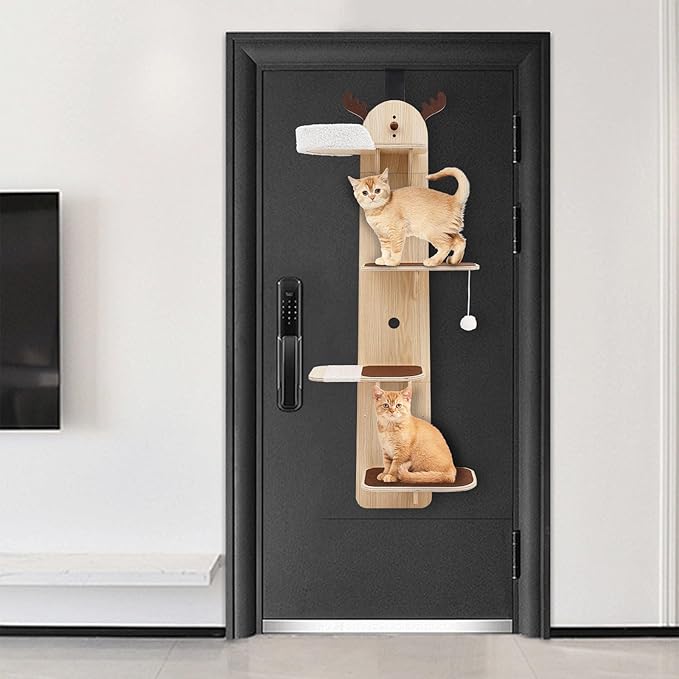 Door Hanging Cat Tree,4-Tier Door Mounted Cat Climbing Frame,Cats Tree Hanger Mounted Cats Shelves,Wooden Cat Ladder,Pet Jump Shelf for Stair,Foyer,Living Room,Enclosed Balcony