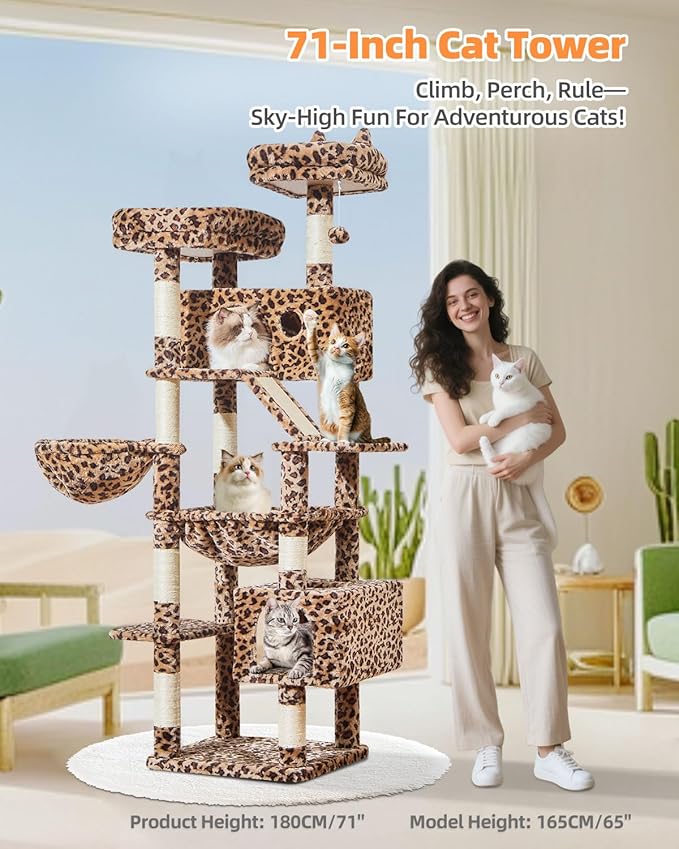 Taoqimiao Cat Tree 71-Inch, Cat Tower for Indoor Cats Large Adult, Multi-Level Large Cat Condo, 8 Sisal Scratching Posts, Metal Frame Cozy Hammock, Scratch Board, 2 Top Perches, Leopard Print MS026LBW