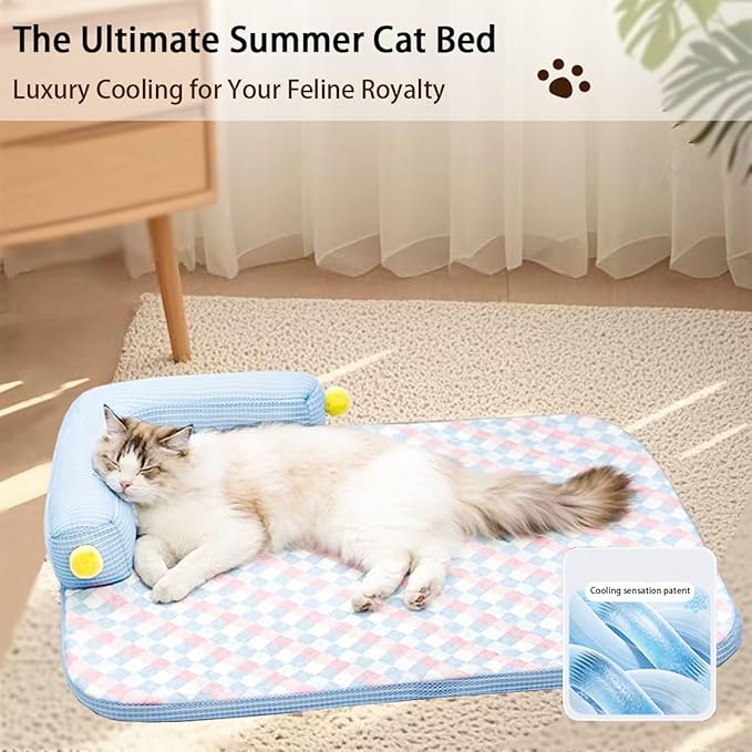 All-Season Ice Fabric Cat Bed with Cushioned Pillow/Play Ball/Washable Mat for Cats, Kittens & Small Pets (Blue, Large-25"x19"x4")