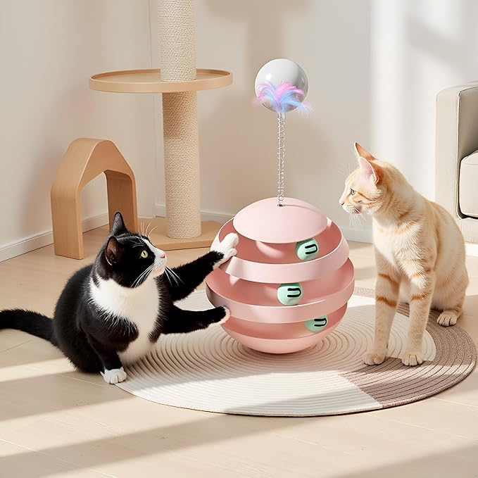 Interactive Cat Toy, Automatic Spinning Cat Toy for Indoor Cats, Engaging Kitten Toy with Feather for Exercise & Mental Stimulation, 3-Layer Cat Ball Track Durable Safe Toy to Reduce Boredom(pink)