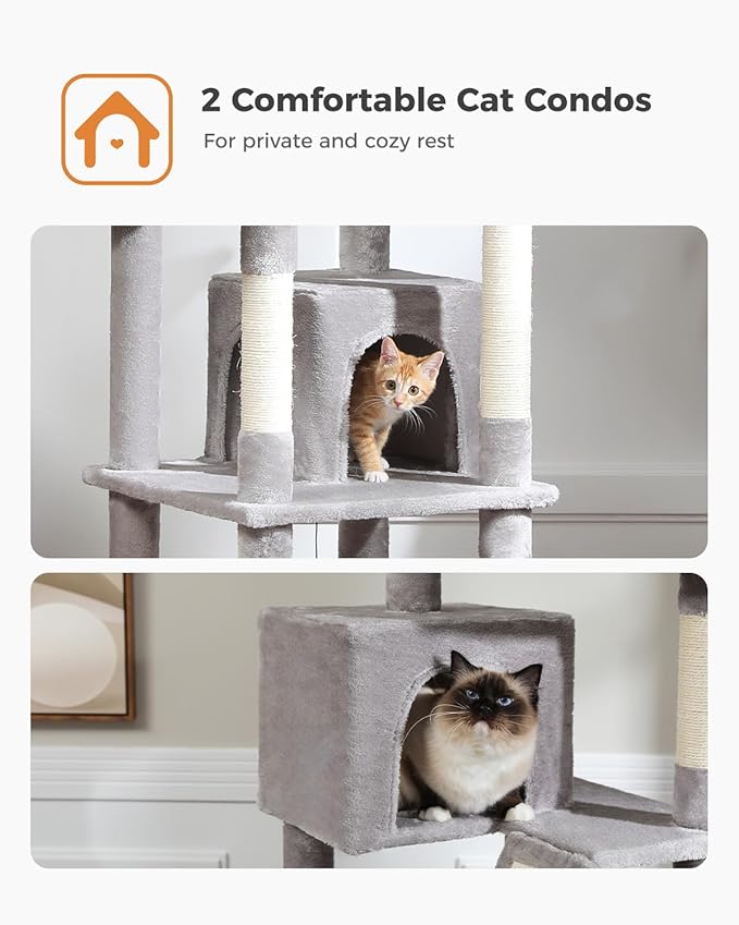 MUTTROS Tall Cat Tree 70.9", Large Cat Tree for Indoor Cats, Multi-Level Plush Cat Condo with 6 Scratching Posts, 2 Scratching Boards, 2 Perches, 2 Caves, Hammock, 2 Pompoms, Gray