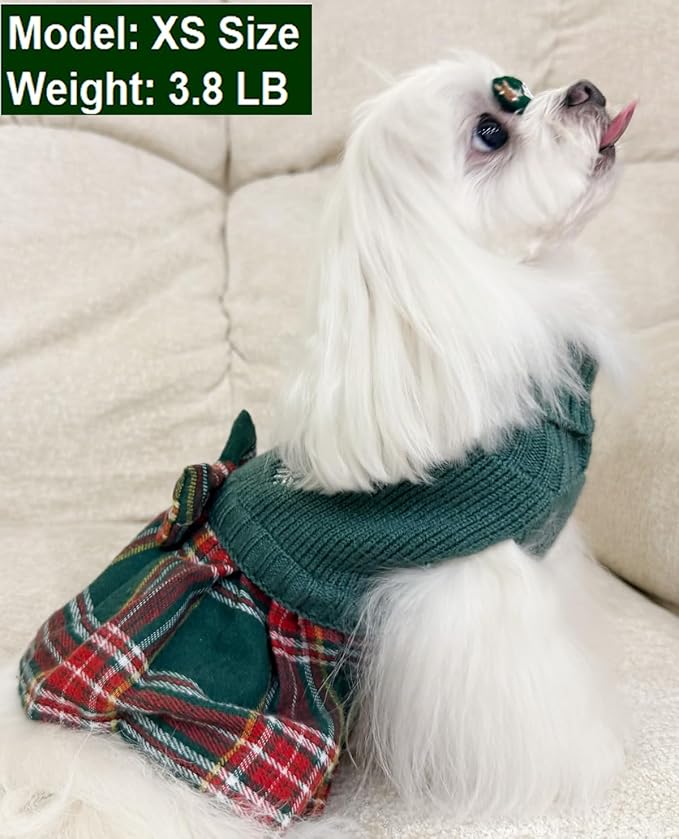 Green Embroidery Snowflake Chihuahua Clothes, Holiday Festive Christmas Dog Sweater Dress for Girl Puppy, Plaid Cat Outfit, X-Small (XS) Size Back Length 9"