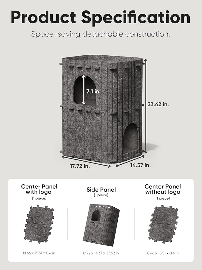 FUKUMARU Cat House for Indoor Cats, 23.62 Inch Large Cat Bed Cave Condo, 2-Storey Cozy Felt Covered Cats Tunnel Kitten Hideaway for Multicats, Scratch Resistant, Dark Grey
