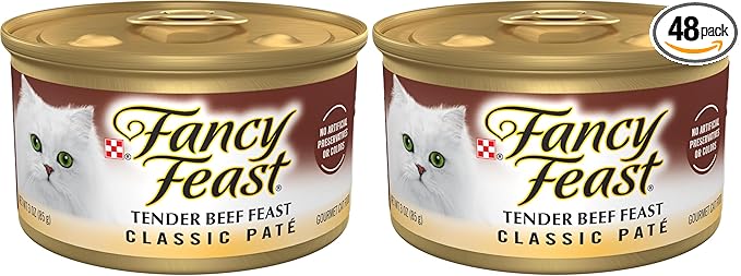 Fancy Feast Purina Tender Beef Feast Classic Grain Free Wet Cat Food Pate - 3 oz. Cans (Pack of 48)
