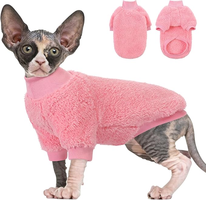 Sphynx Cat Sweater, Hairless Cats Turtleneck Pullover Kitten Sweaters for Cats Only, Warm and Soft Cat Pajamas Shirt with Sleeves Pet Winter Clothes Fleece Jumpsuit for Puppy, Pink M
