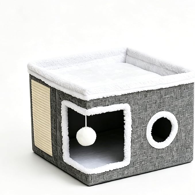 Foldable Cat Cave Bed for Indoor Cats, Cat Hideaway House with Hanging Fluffy Ball & Scratch Pad, Side with Toy Storage and Summer Cooling Mat, 16.14x16.14x12.2 Inches, Grey
