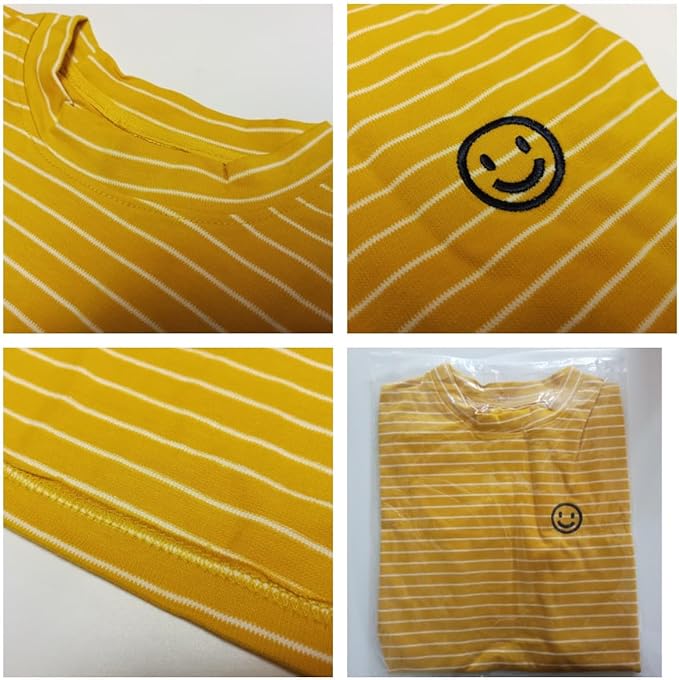 Matching Dog and Owner Clothes,Yellow Striped Women Shirt Short Sleeve,Cotton Women Summer Shirt Crewneck,Casual Summer Tops Loose Fit(Owner S)