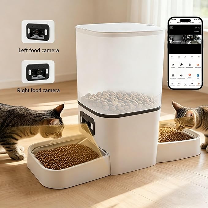 6L Double Bowl Smart Pet Feeder for Dogs Cats, Automatic Food Dispenser with Timer, Automatic Cat Feeder, Timed Cat Feeder for Multi Pet Feeding App Remote Control Voice