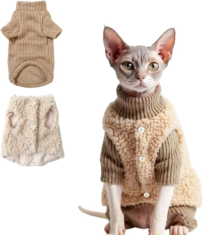 Cat Costume & Puppy Clothes 2-Piece Set, Soft Warm Lamb-Fleece Jacket & Breathable Knit Sweater for Small Dogs & Kittens, Size Large