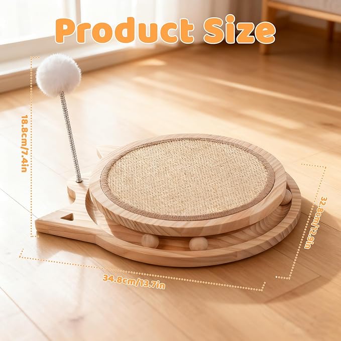 Sisal Cat Scratcher with Ball Track and Spring Toy 3 in 1 Wooden Interactive Cat Toys Cat Scratchers for Indoor Cats and Kitty