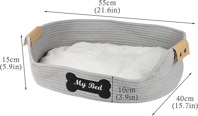 Cat Beds for Indoor Cats, 21.6''X15.7'' Cotton Rope Kitty Nap Bed with Soft Cushion, Handwoven Basket - Scratch Resistant