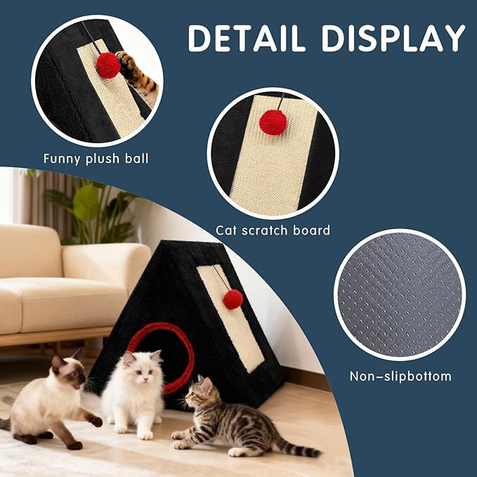 Cat Beds for Indoor - 2 in 1 Cat Cave House Tent for Kittens and Small Pets with Fluffy Ball Hanging and Scratch Pad,Foldable Kitten Hideaway with Non-Slip Bottom, Black, 17 inches